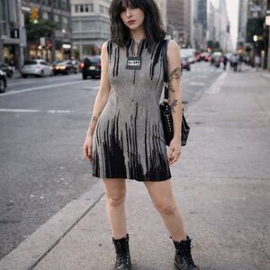 PRETTY DAMAGE SLEEVELESS SWEATER DRESS ZIP FRONT BLACK GRAY SIZE MEDIUM NWT